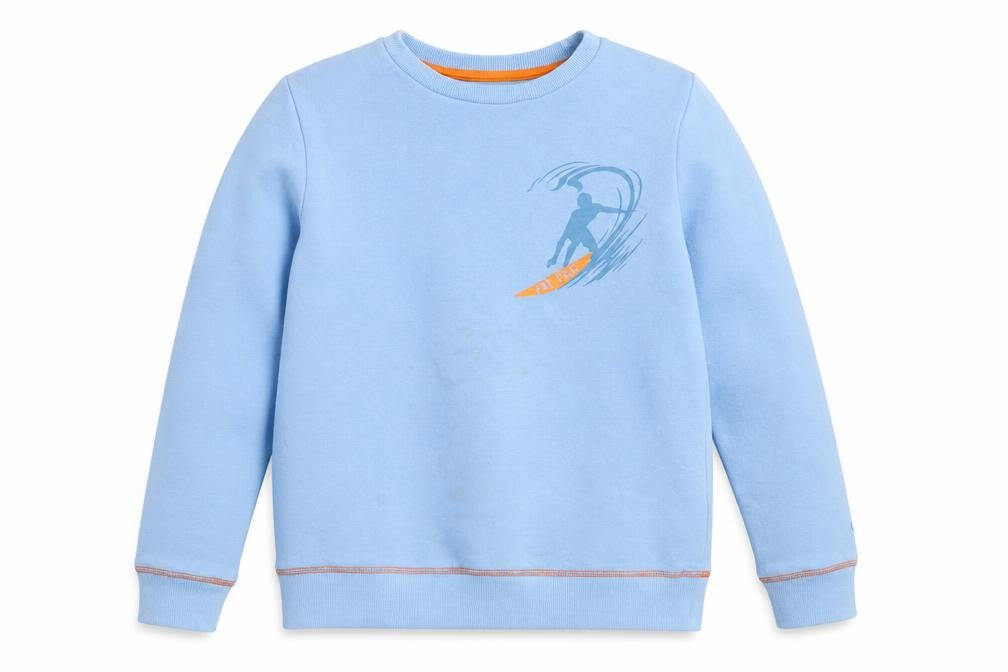 Front view of FatFace boys’ blue surf graphic long sleeve cotton sweatshirt 10-11 years