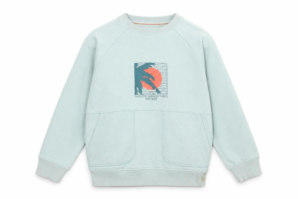 Front view of FatFace boys’ green pullover sweatshirt 10-11 years graphic print