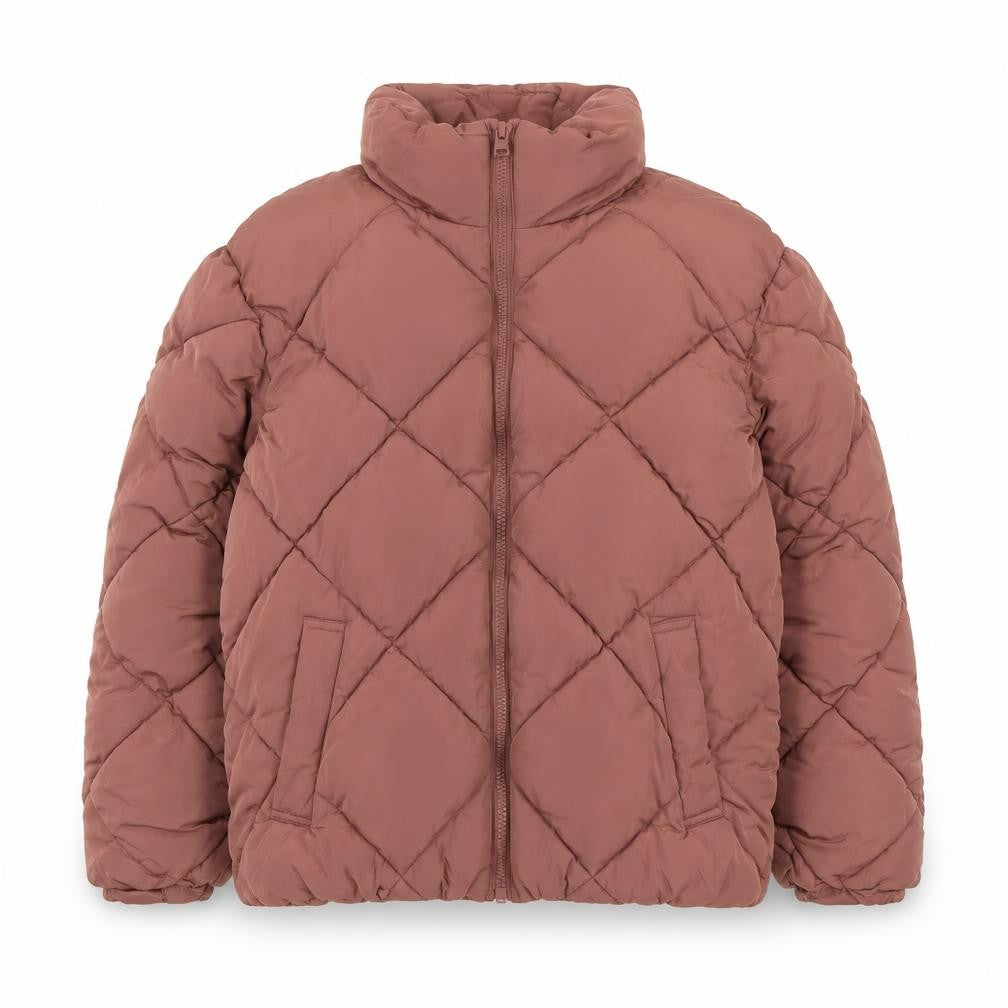 Front view of New Look girls’ brown quilted puffer jacket, size 8, years