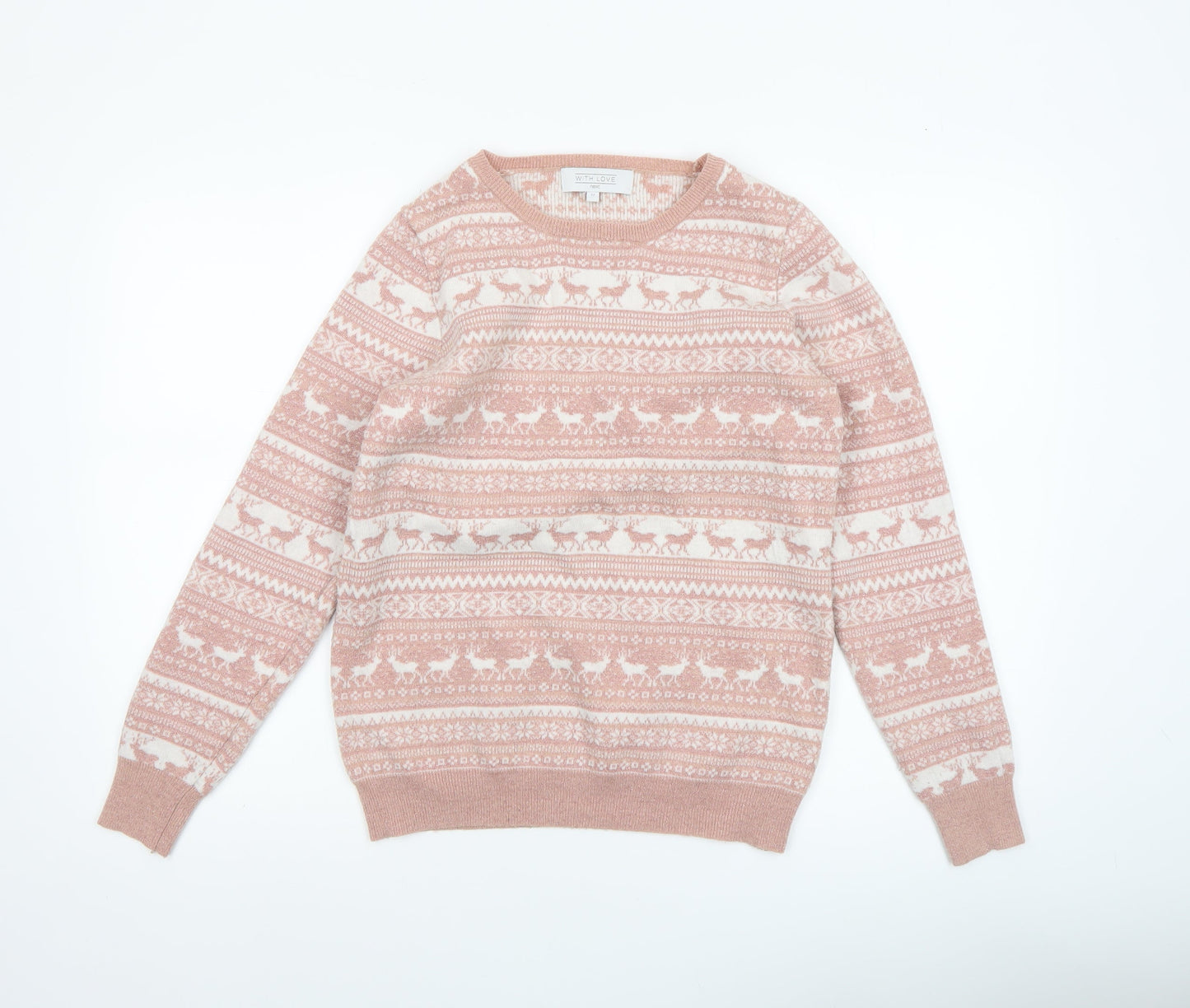 Next Womens Pink Fair Isle Knit Jumper UK 12 Winter Pullover