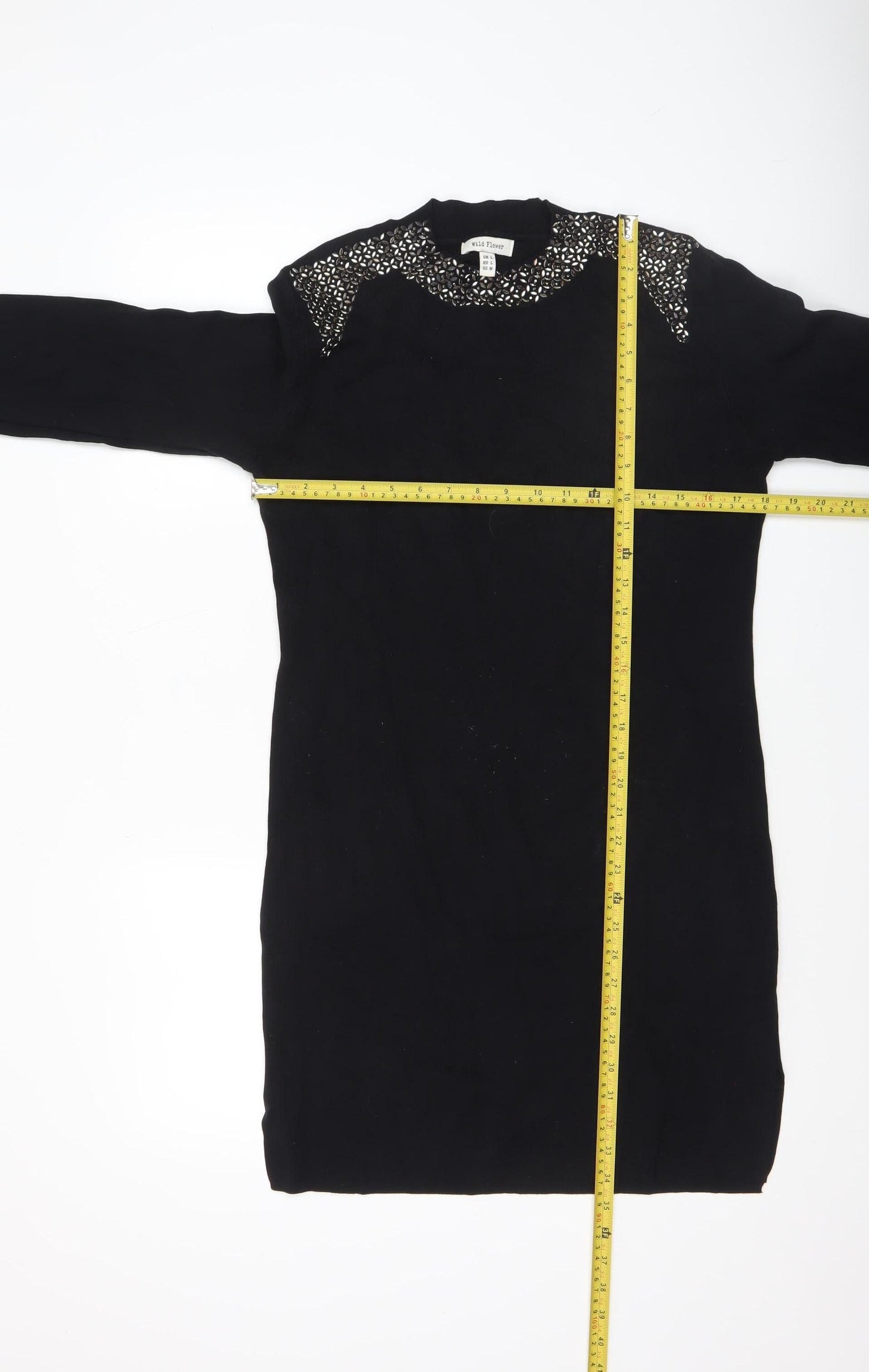 Wild Flower Womens Black Beaded Crew Neck Long Sleeve Pullover Jumper Size L