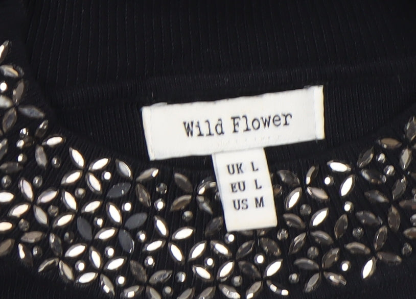 Wild Flower Womens Black Beaded Crew Neck Long Sleeve Pullover Jumper Size L