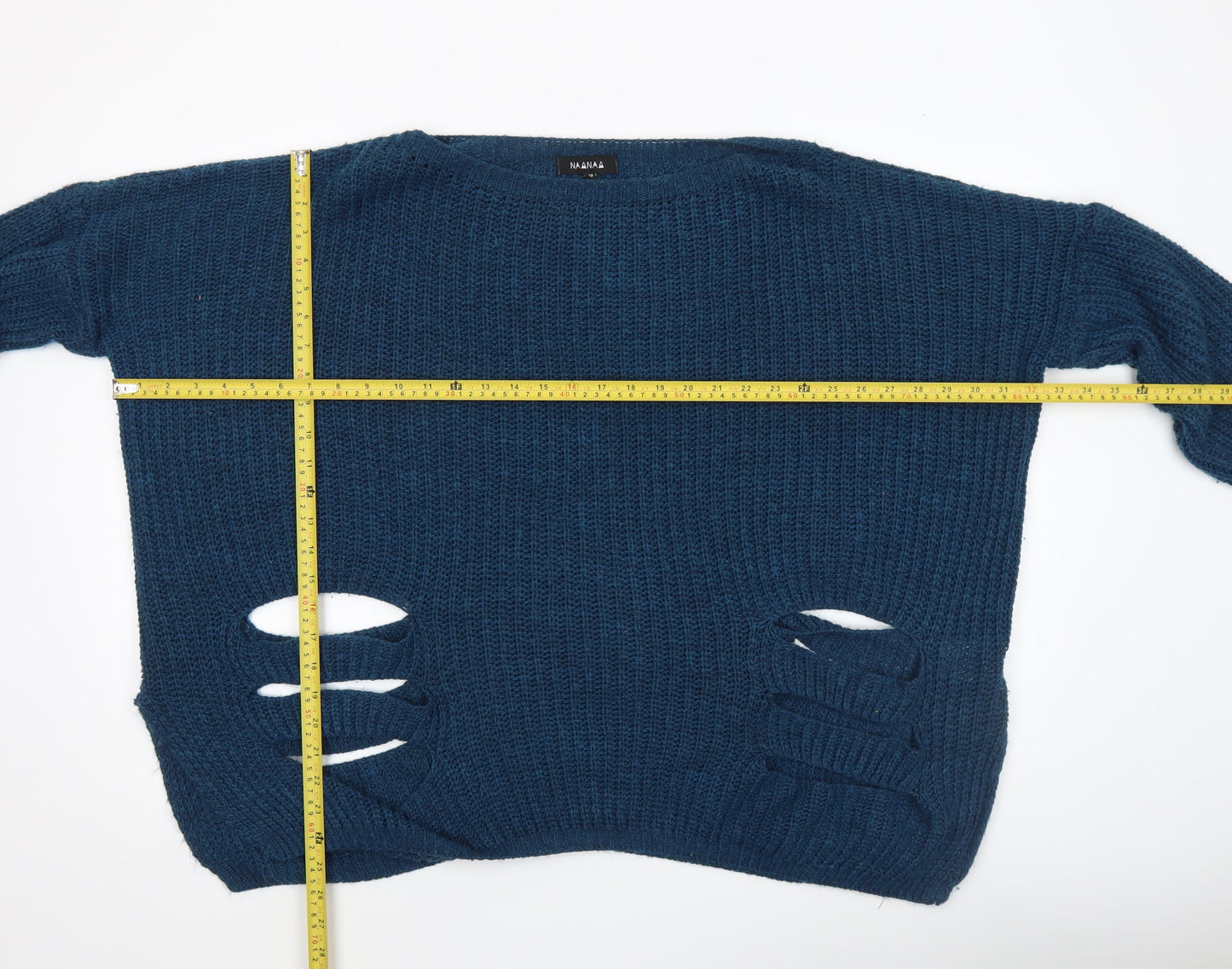 Naanaa Women's Blue Chunky Knit Distressed Pullover Jumper Size S