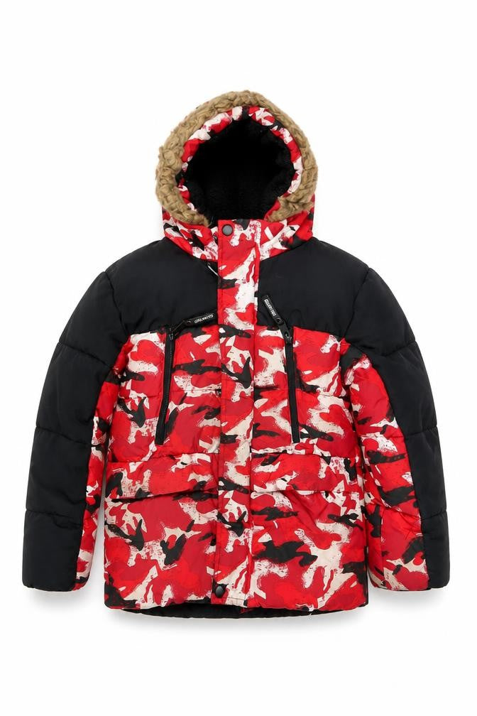 Front view of George boys’ red camouflage hooded puffer jacket 5-6 years winter coat