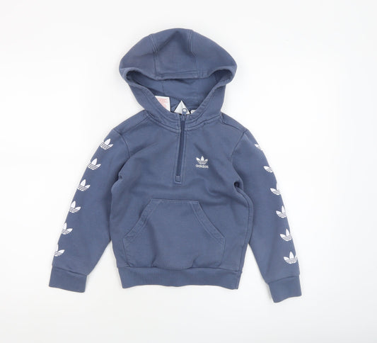 Adidas Boys Blue 5-6 Years 1/2 Zip Hoodie Cotton Blend Sweatshirt
