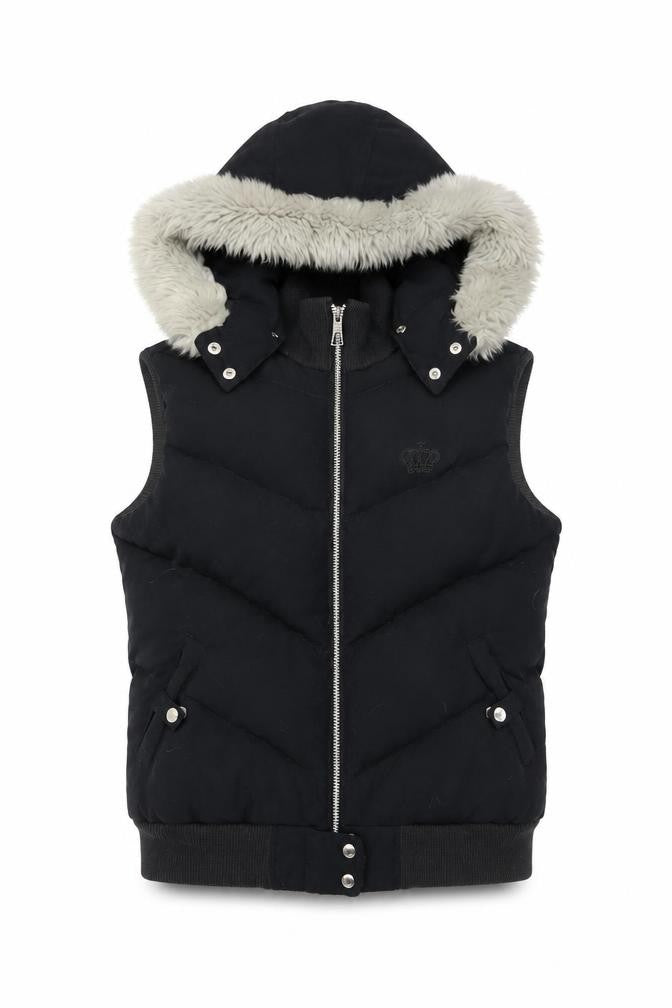 Adidas Women Black Size 14 Hooded Puffer Waistcoat Faux Fur Trim