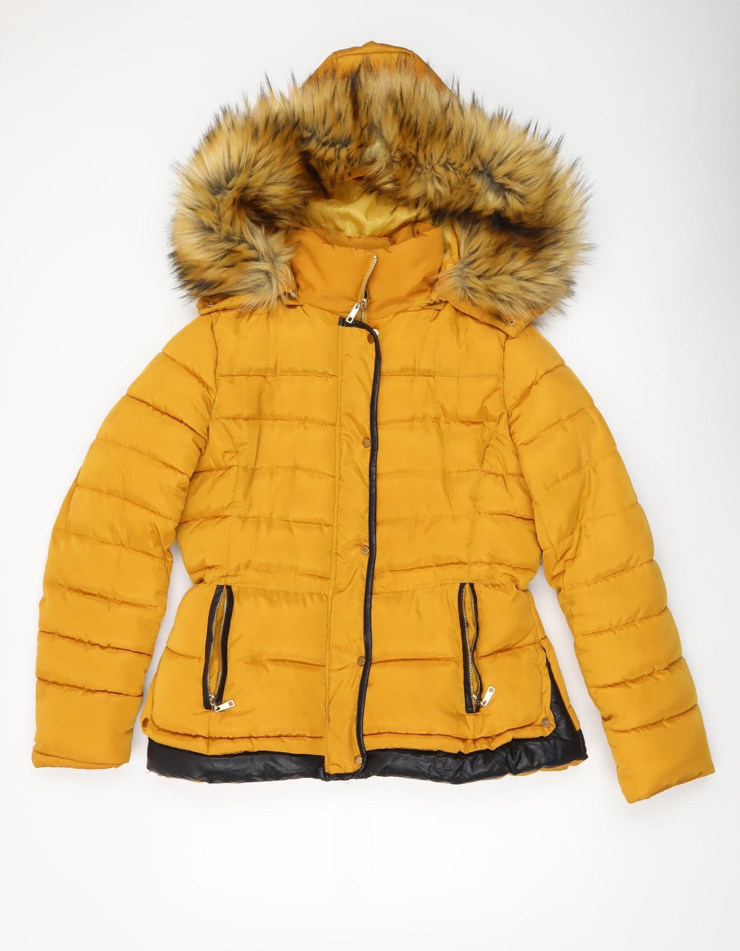 Melya Melody Womens Yellow Fur Trim Hooded Puffer Jacket L