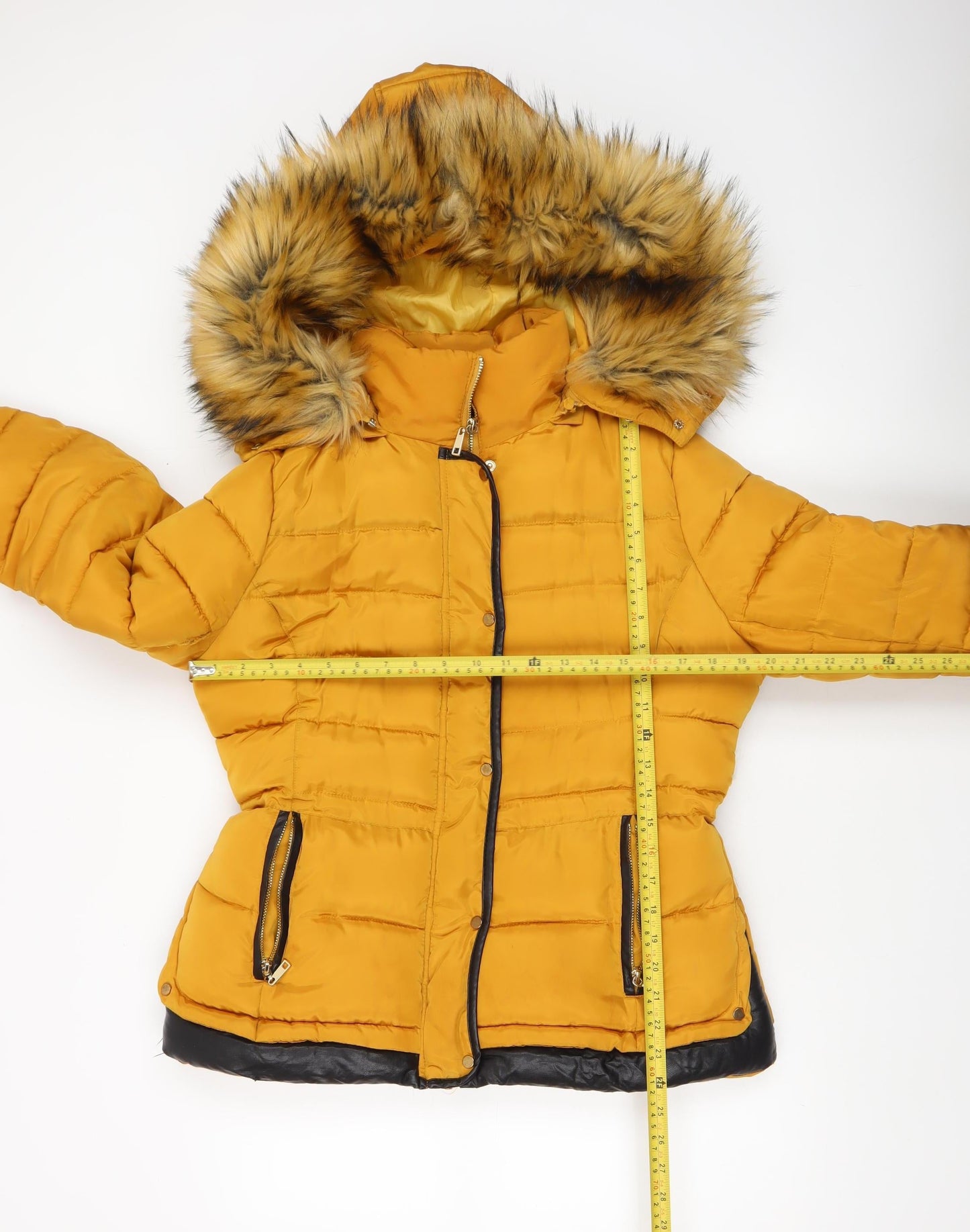 Melya Melody Womens Yellow Fur Trim Hooded Puffer Jacket L