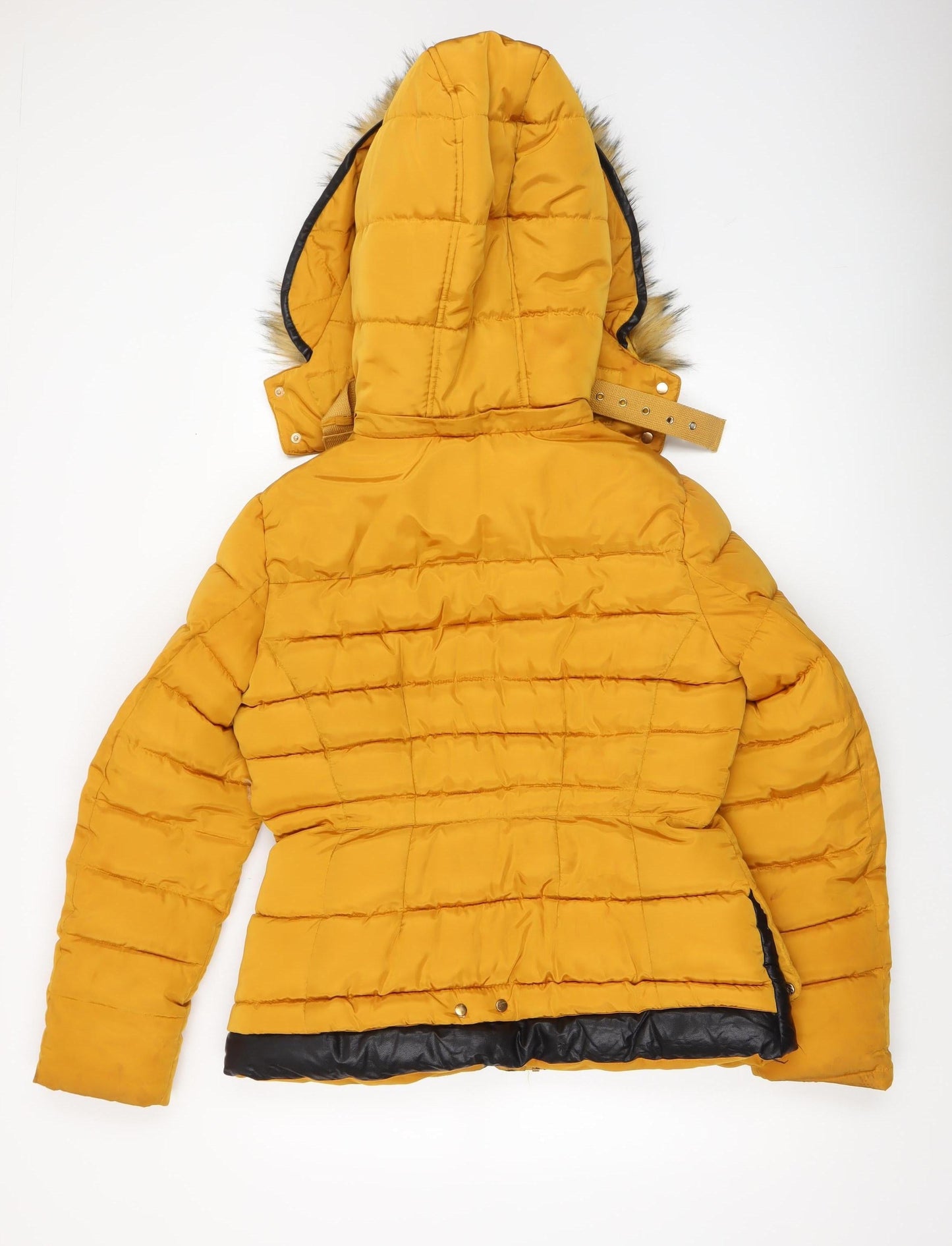 Melya Melody Womens Yellow Fur Trim Hooded Puffer Jacket L