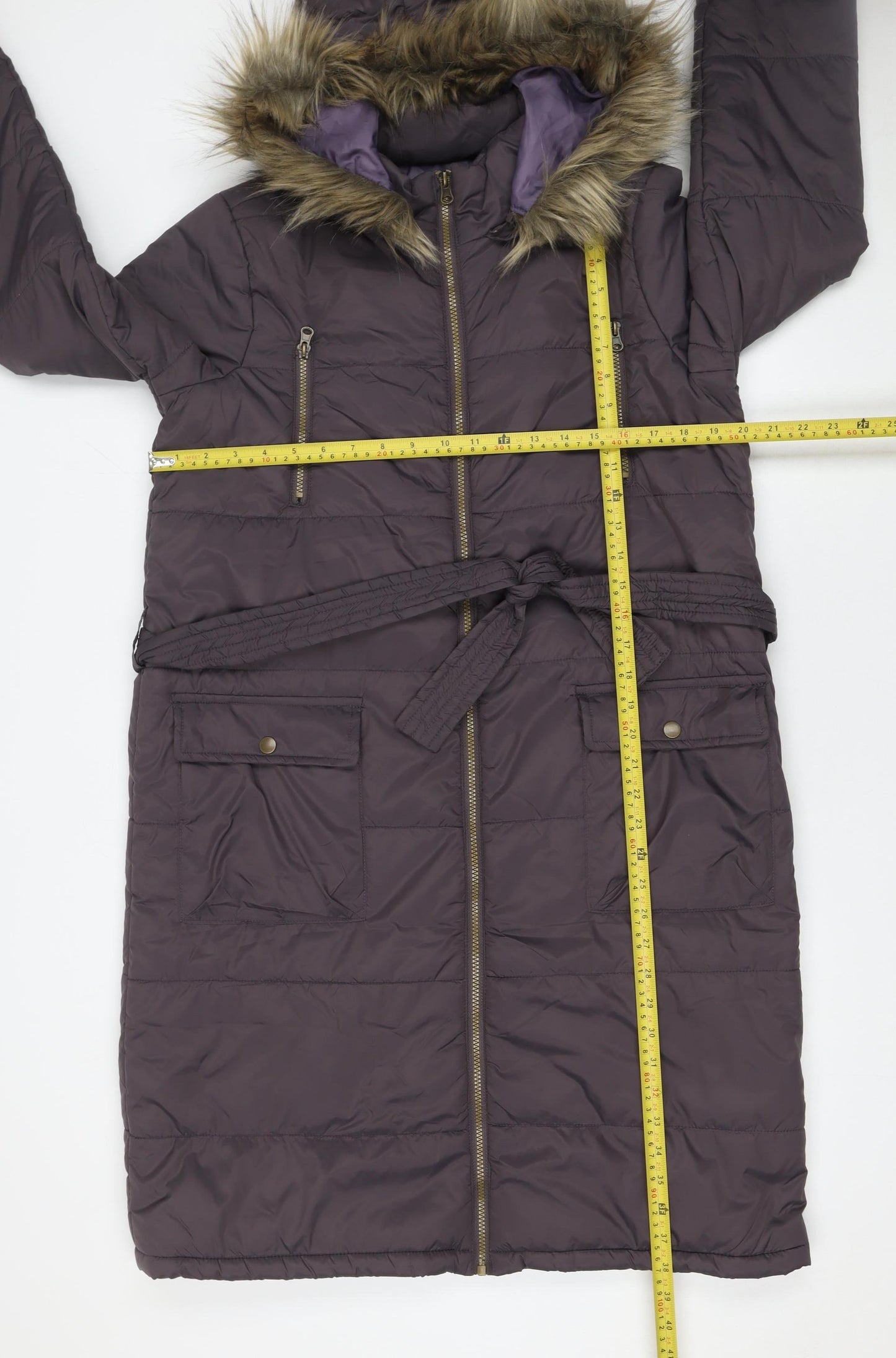 JustFab Women's Purple Long Belted Puffer Coat Hooded Size M