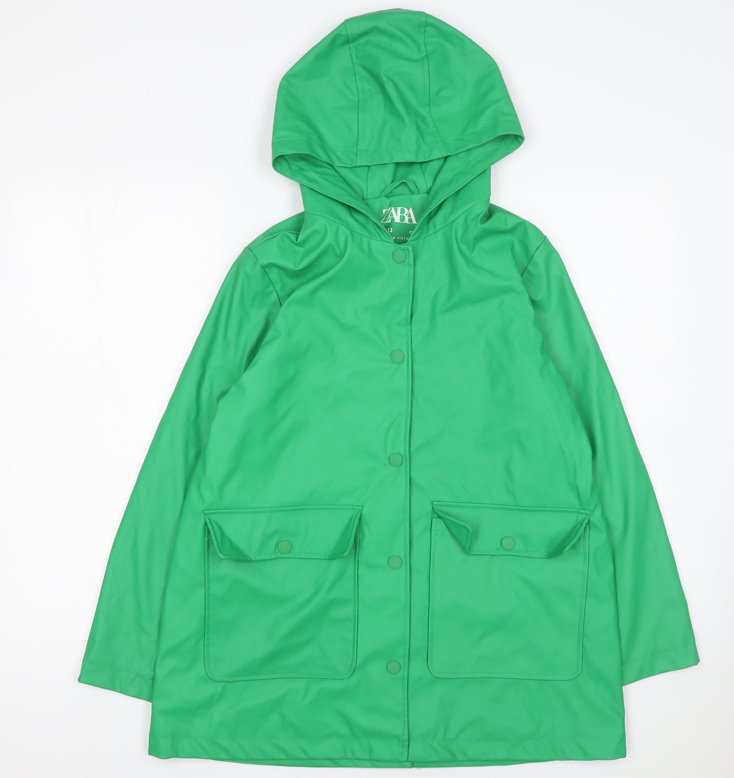 Zara Boys Green Hooded Rain Coat 11-12 Years Waterproof Mid-Length