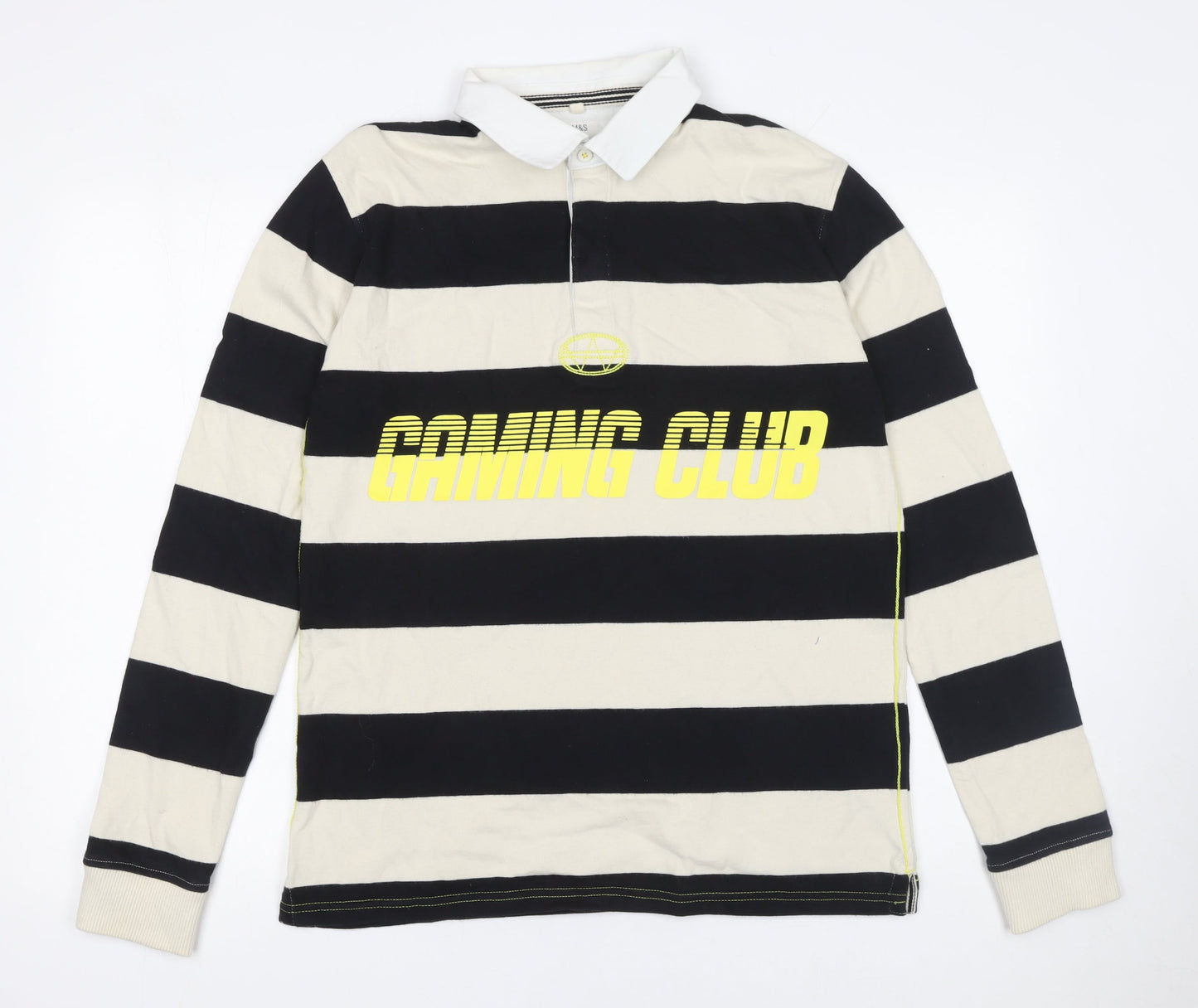 Marks and Spencer Boys Black Striped Long Sleeve Gaming Polo Shirt 15-16 Years