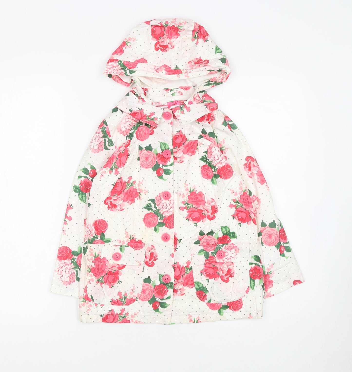 Mothercare Girls White Floral Hooded Rain Coat 6-7 Years Cotton Lined