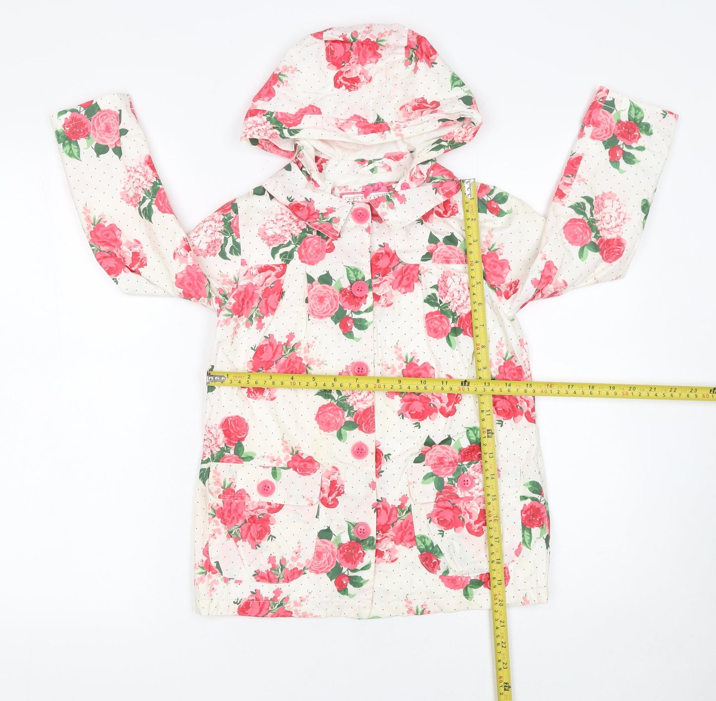 Mothercare Girls White Floral Hooded Rain Coat 6-7 Years Cotton Lined