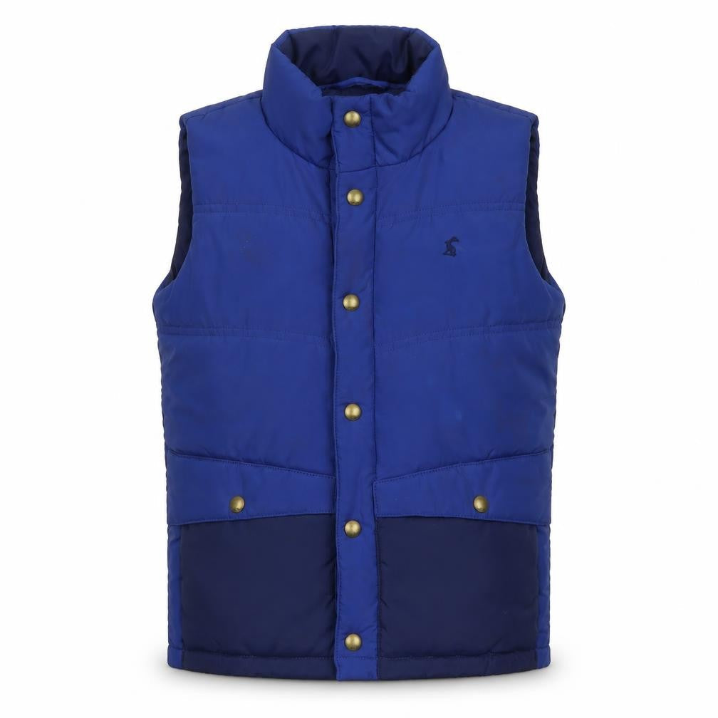 Front view of Joules boys’ blue padded bodywarmer gilet 7 years polyester snap fastening