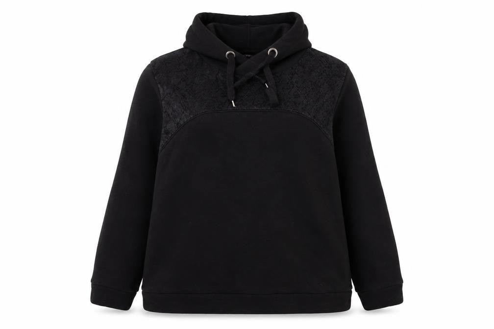 Front view of Gallery women’s black large pullover hoodie with lace detail