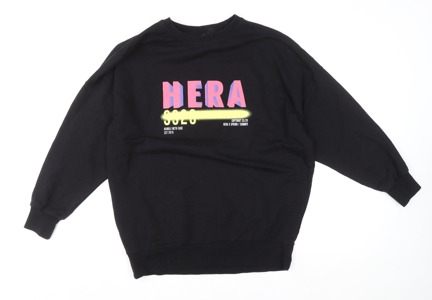 HERA Mens Black Sweatshirt S Crew Neck Graphic Print Cotton