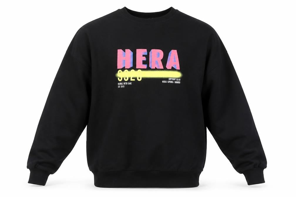HERA Mens Black Sweatshirt S Crew Neck Graphic Print Cotton