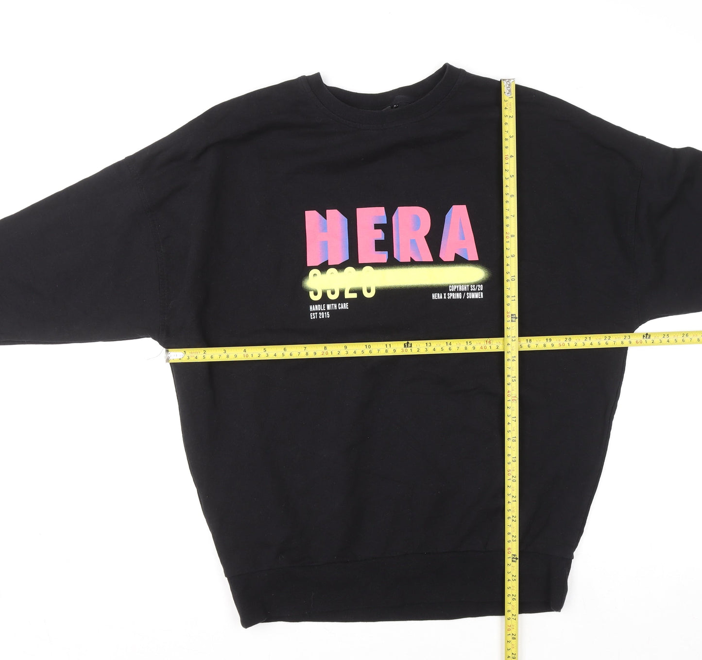 HERA Mens Black Sweatshirt S Crew Neck Graphic Print Cotton