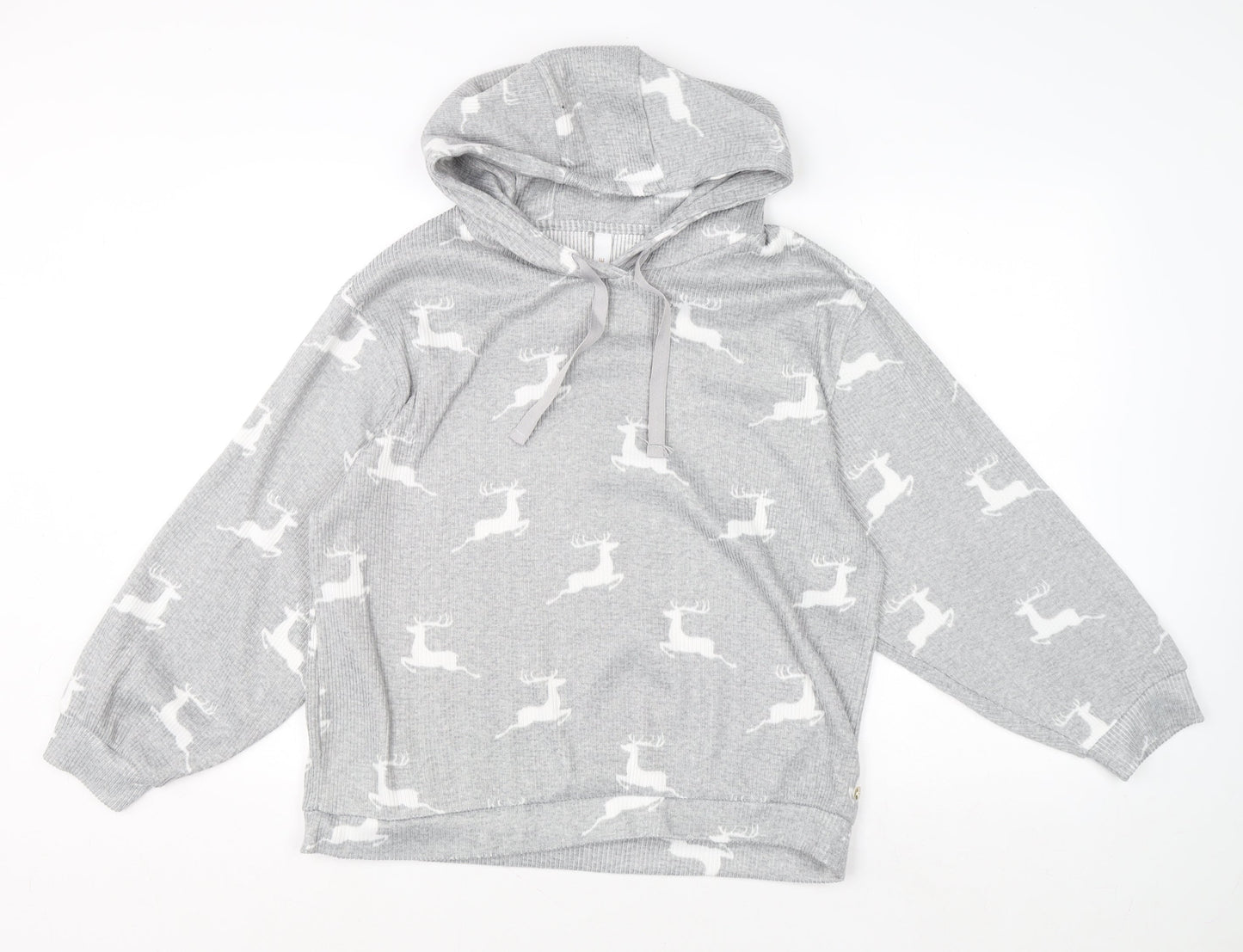 George Women Grey Reindeer Hooded Pyjama Top Size 12-14 Winter Knit