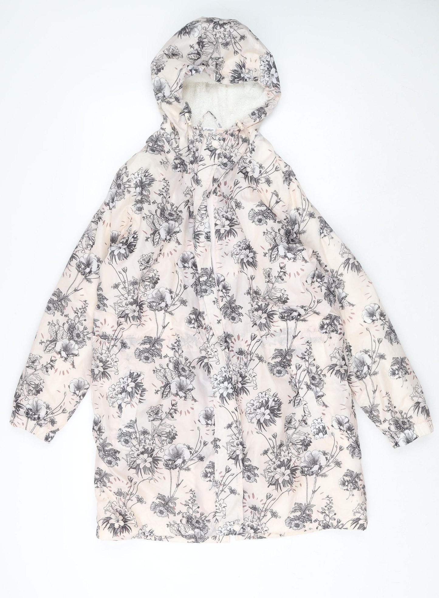 Cotton Traders Women’s Beige Floral Waterproof Hooded Rain Coat Size 10