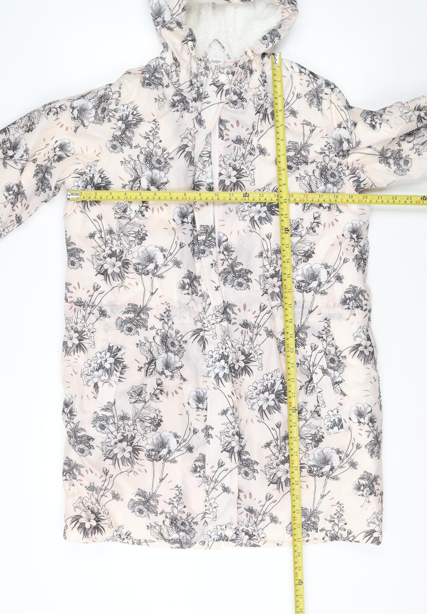 Cotton Traders Women’s Beige Floral Waterproof Hooded Rain Coat Size 10
