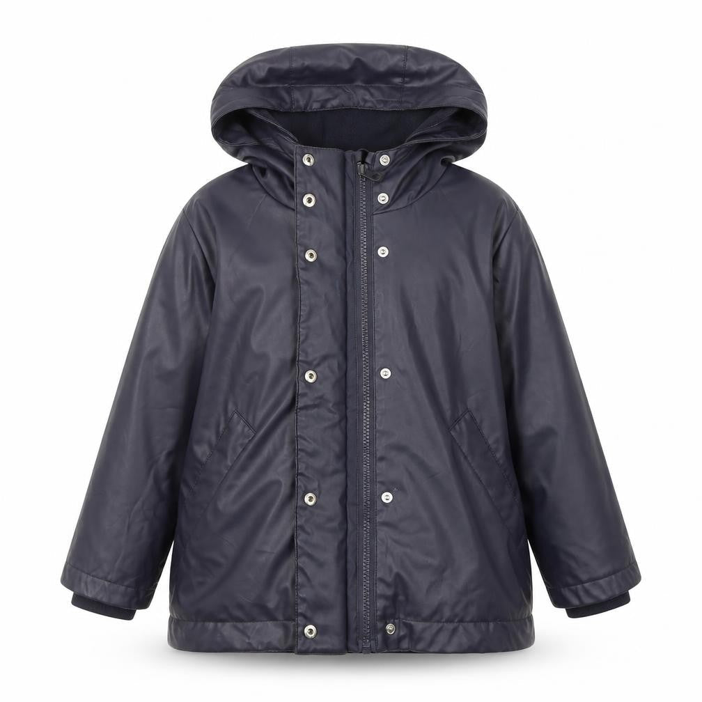 Front view of Zara boys’ blue hooded waterproof rain coat jacket 3-4 years