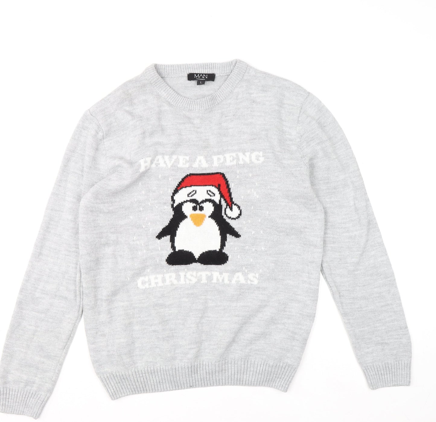 boohooMAN Men's Grey L Christmas Penguin Crew Neck Jumper