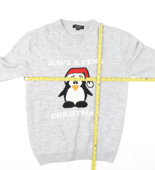 boohooMAN Men's Grey L Christmas Penguin Crew Neck Jumper