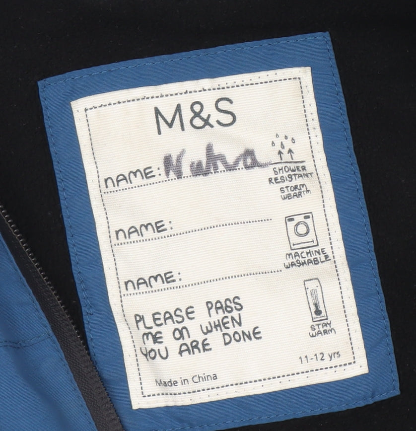 Marks and Spencer Boys Blue Hooded Puffer Jacket 11-12 Years Water Resistant