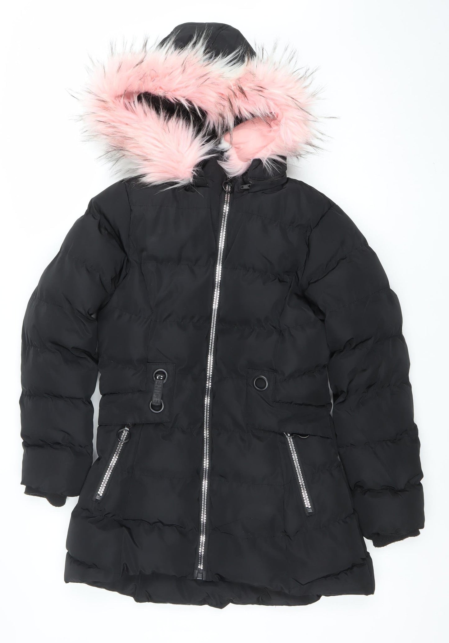 SS7 Girls Black Fur Trim Hooded Puffer Coat Age 11-12 Years Winter Jacket