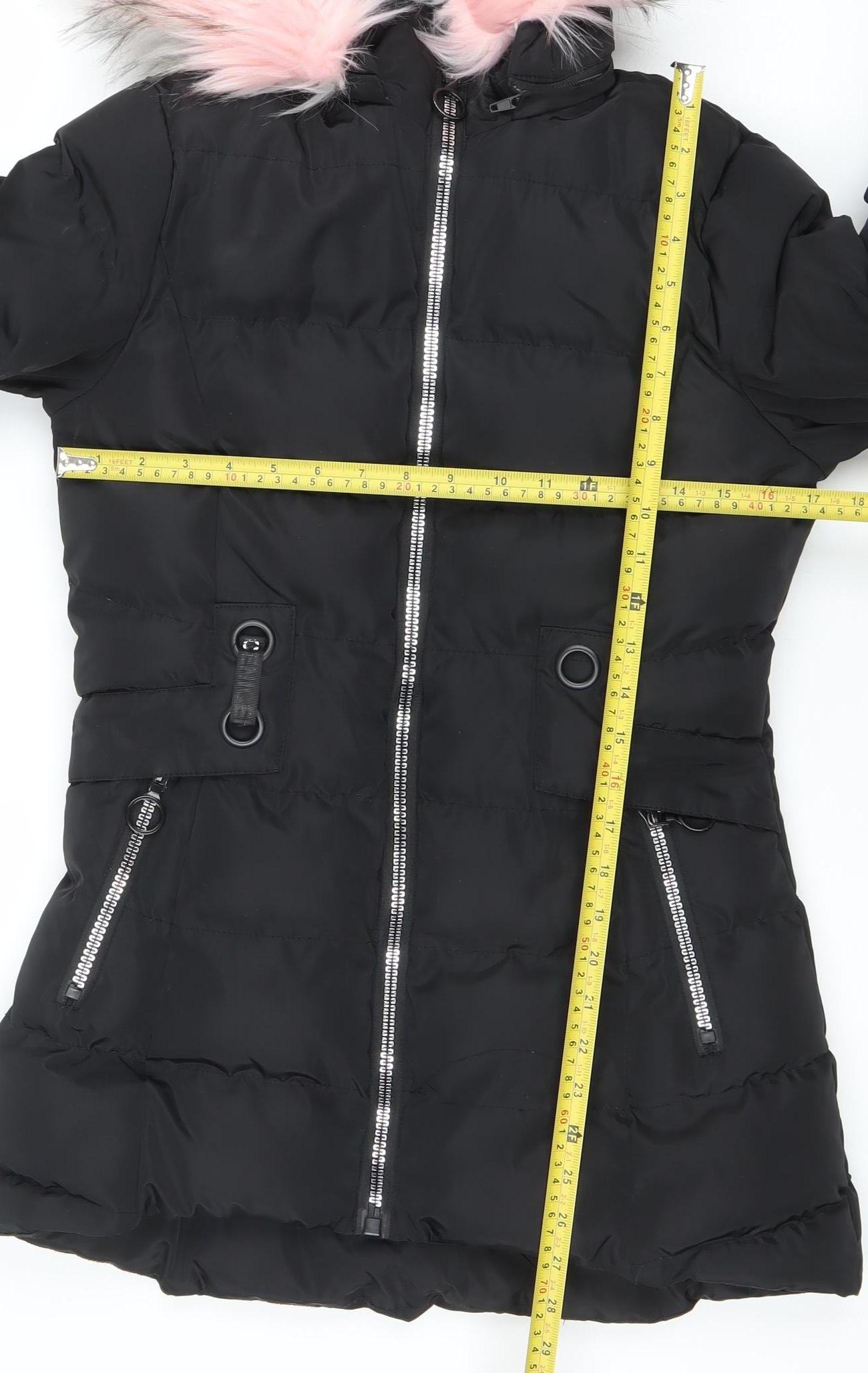 SS7 Girls Black Fur Trim Hooded Puffer Coat Age 11-12 Years Winter Jacket