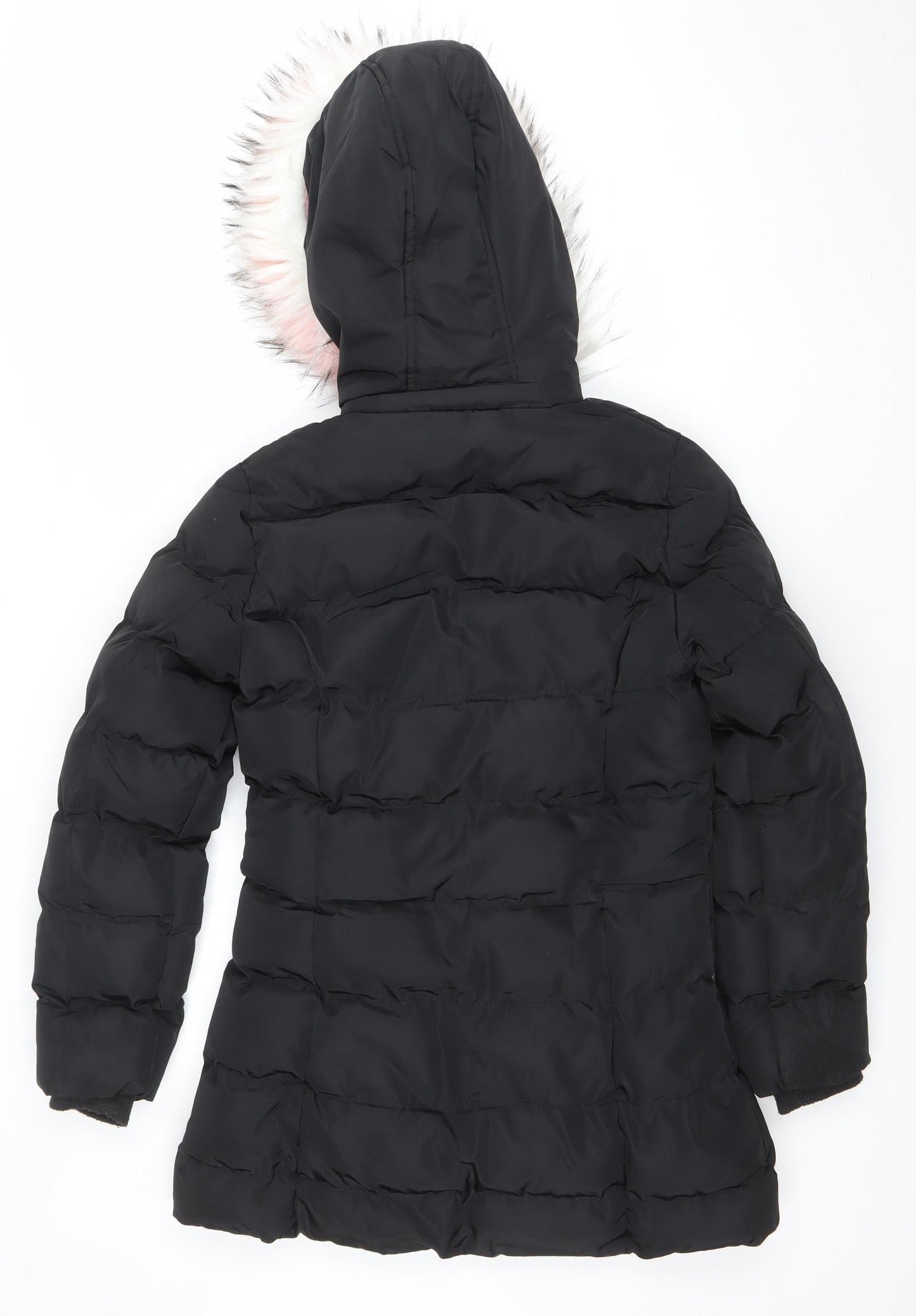 SS7 Girls Black Fur Trim Hooded Puffer Coat Age 11-12 Years Winter Jacket