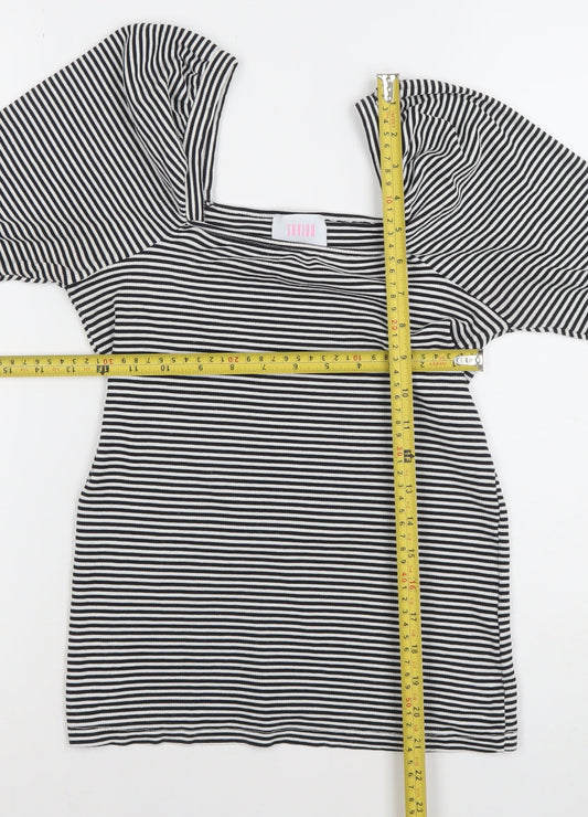 SAYLOR Women's Black Striped Square Neck Puff Sleeve Blouse Size 12