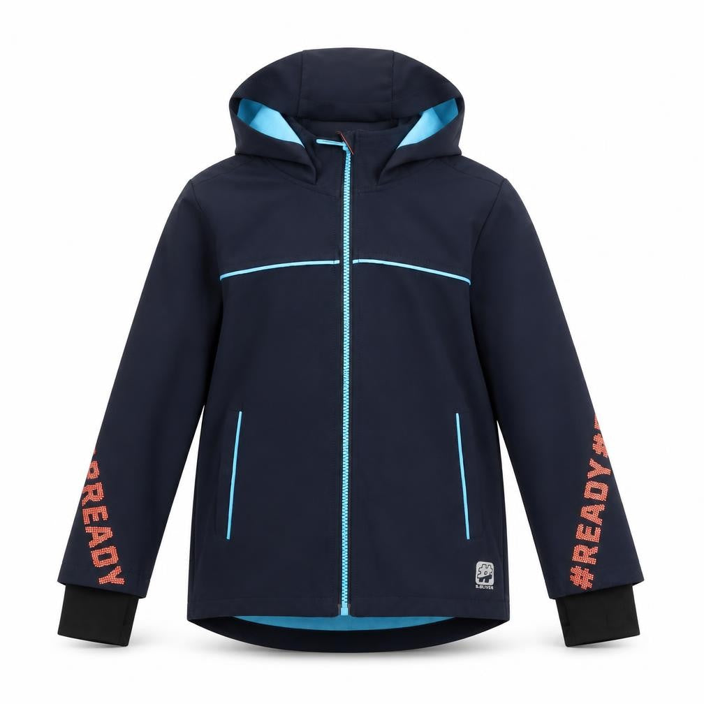 Front view of s.Oliver boys’ blue hooded soft shell jacket 8 years lined water resistant