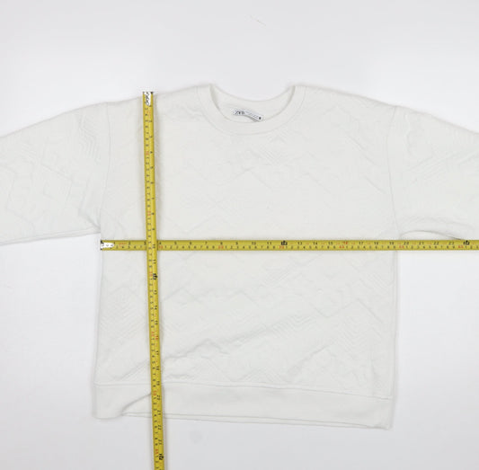 Zara Women White Textured Crew Neck Long Sleeve Sweatshirt Size S