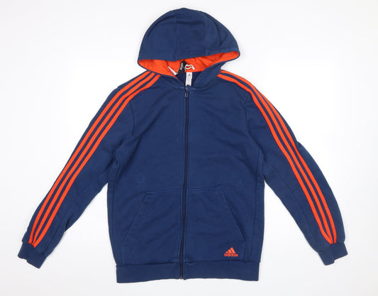 Adidas Boys Blue Full Zip Hoodie 15-16 Years Logo Stripe Design