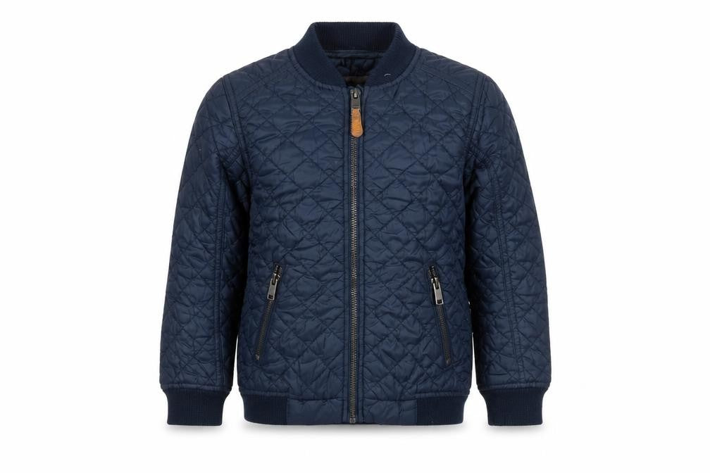 Front view of H&M boys’ blue quilted bomber jacket 6-7 years lightweight lined zip