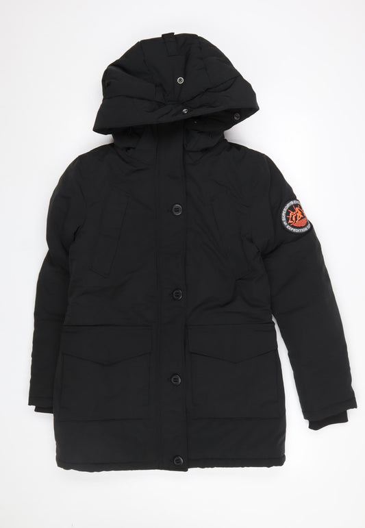Superdry Womens Black Everest Parka Coat Size 8 Hooded Winter Jacket