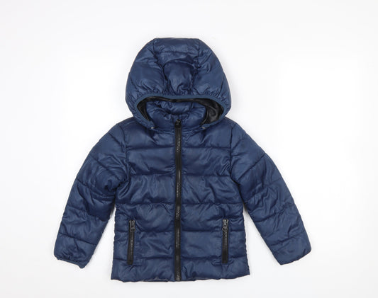Mango Kids Boys Blue Hooded Puffer Jacket 5-6 Years Winter Polyester