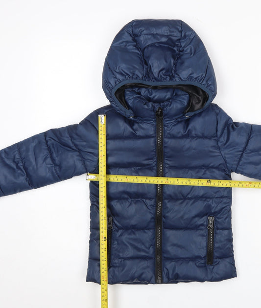 Mango Kids Boys Blue Hooded Puffer Jacket 5-6 Years Winter Polyester