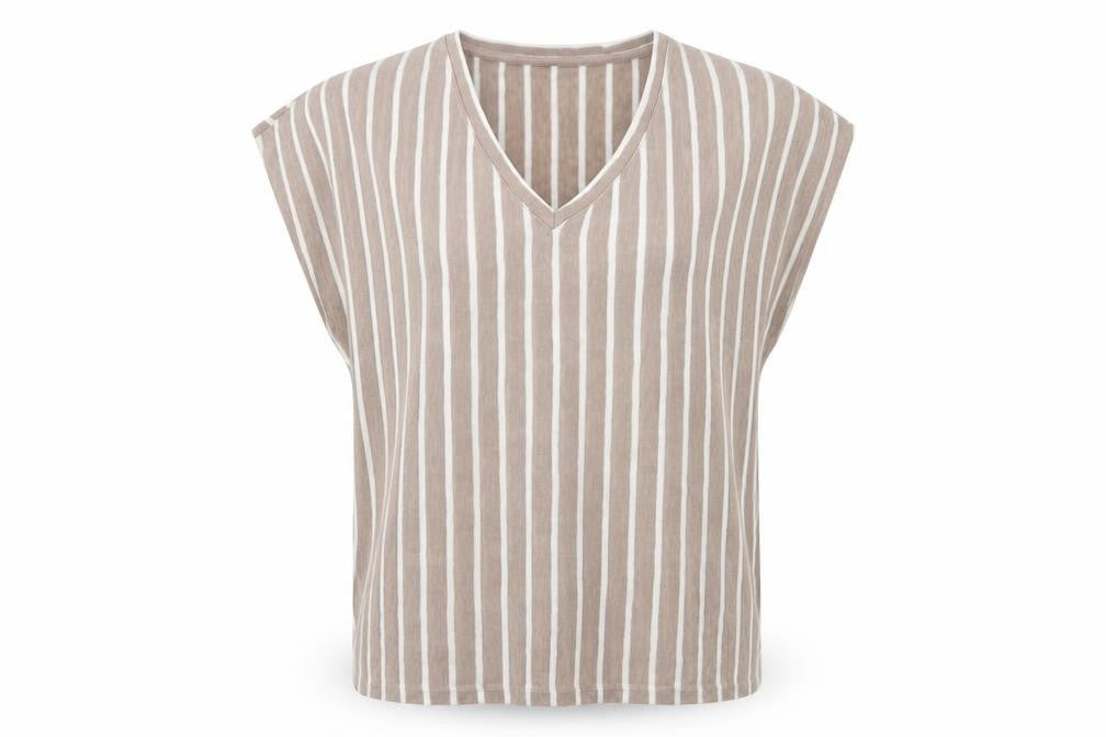 Vero Moda Women Beige Striped Sleeveless V-Neck Blouse Size L