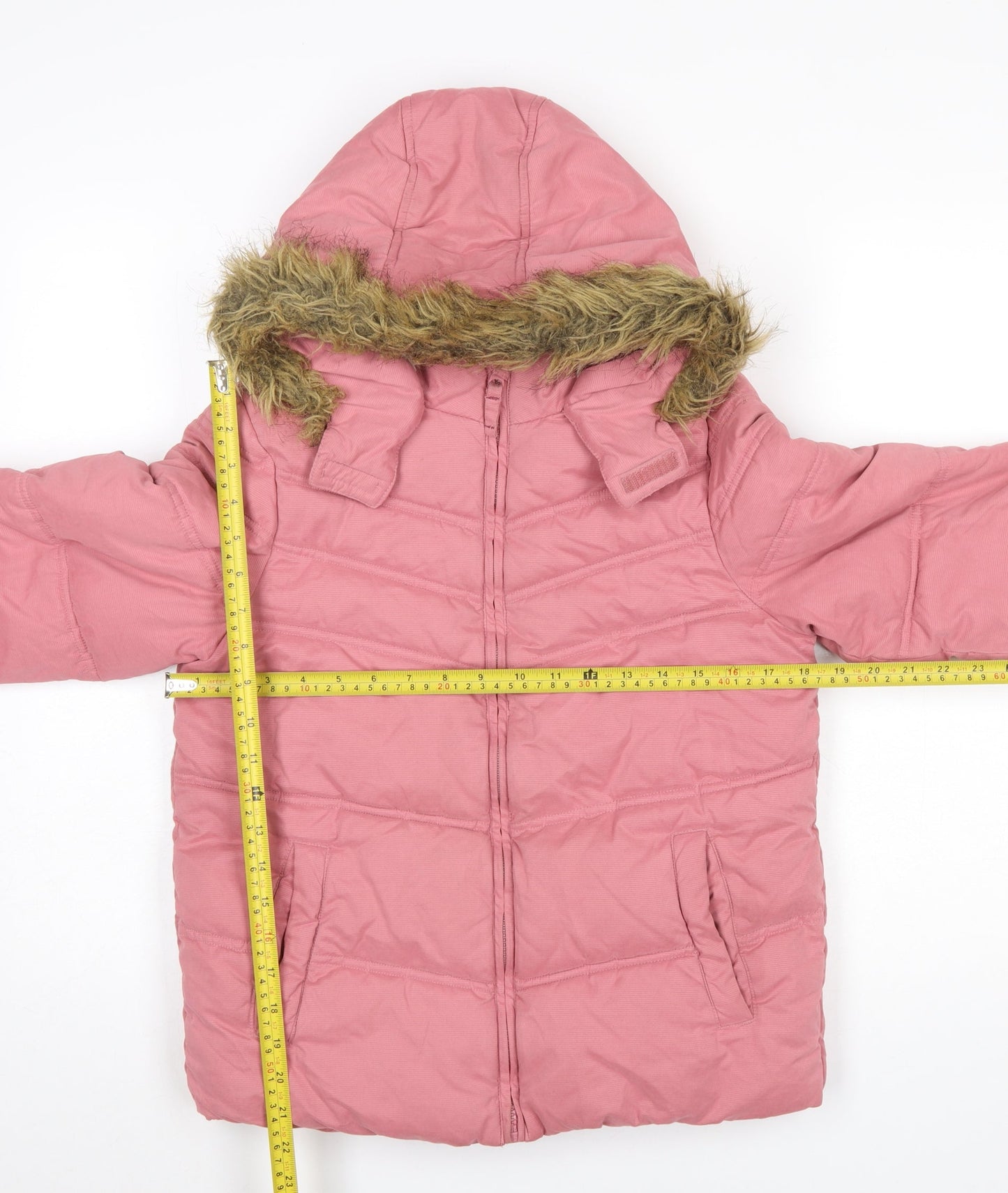 FatFace Girls Pink Faux Fur Hooded Puffer Jacket 12-13 Years Winter Coat