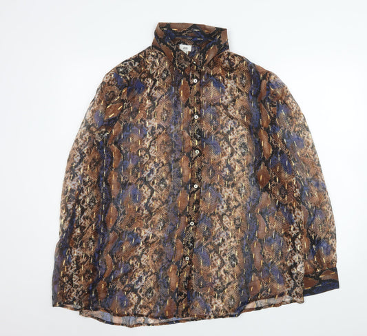 River Island Women Brown Animal Print Sheer Long Sleeve Blouse Size L