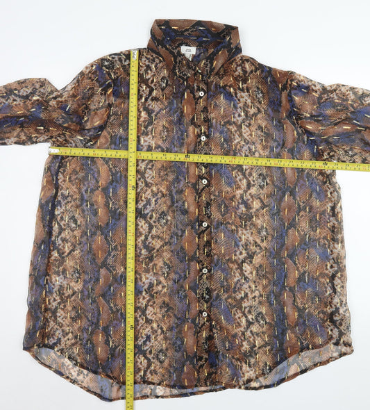 River Island Women Brown Animal Print Sheer Long Sleeve Blouse Size L