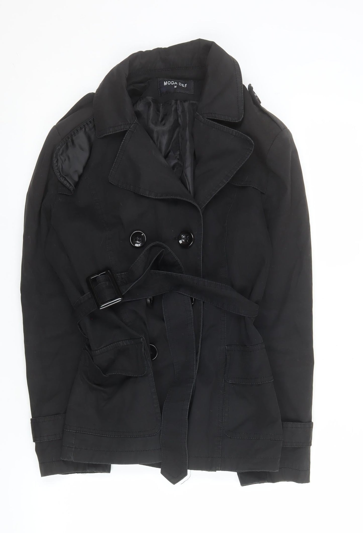 MODA D&F Women’s Black Belted Trench Coat M Classic Mid-Length