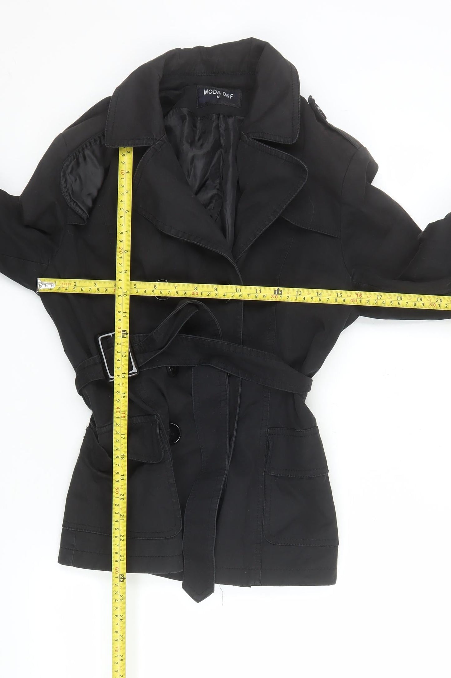 MODA D&F Women’s Black Belted Trench Coat M Classic Mid-Length