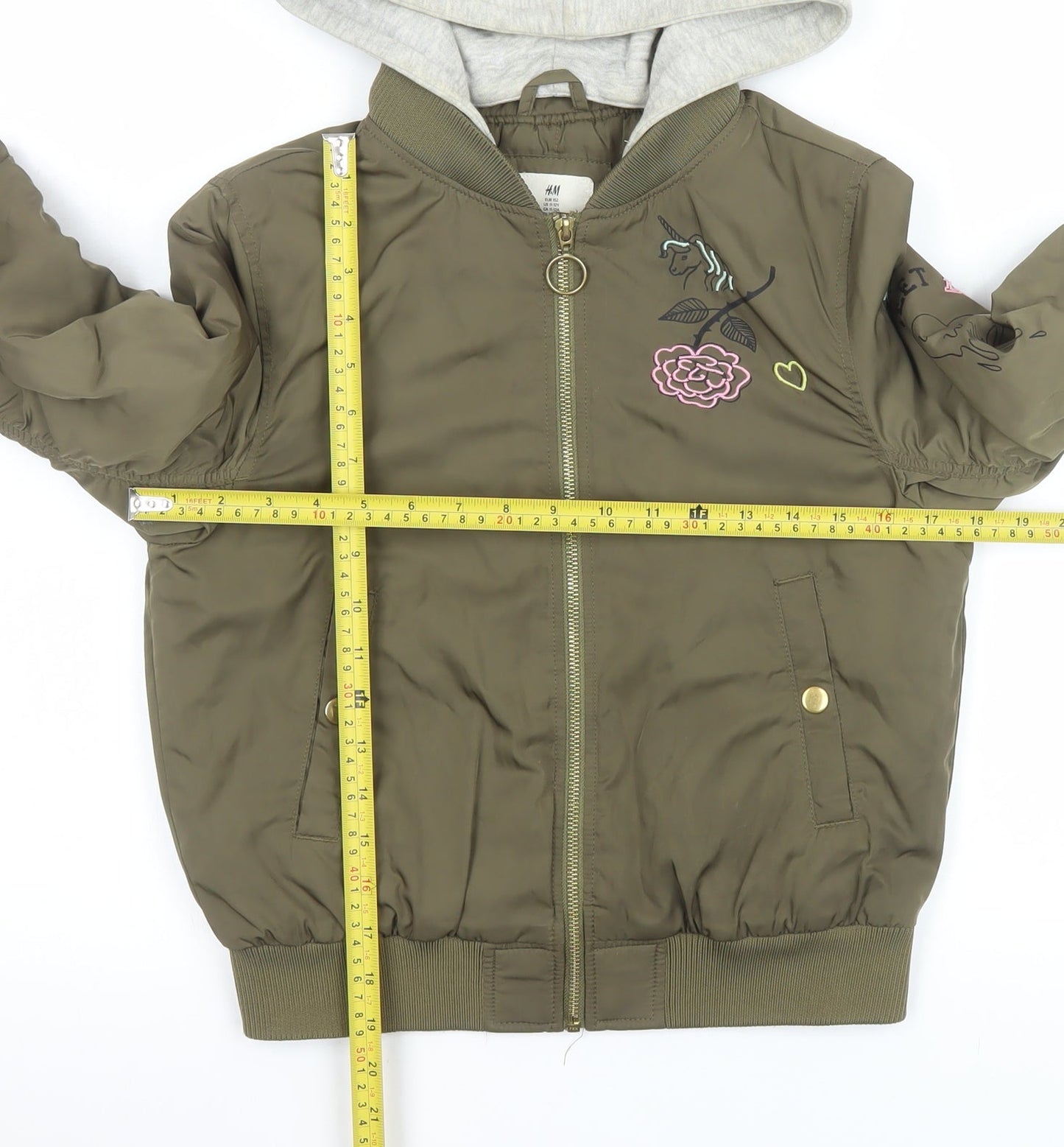 H&M Girls Green Hooded Bomber Jacket 11-12 Years Unicorn Embroidered
