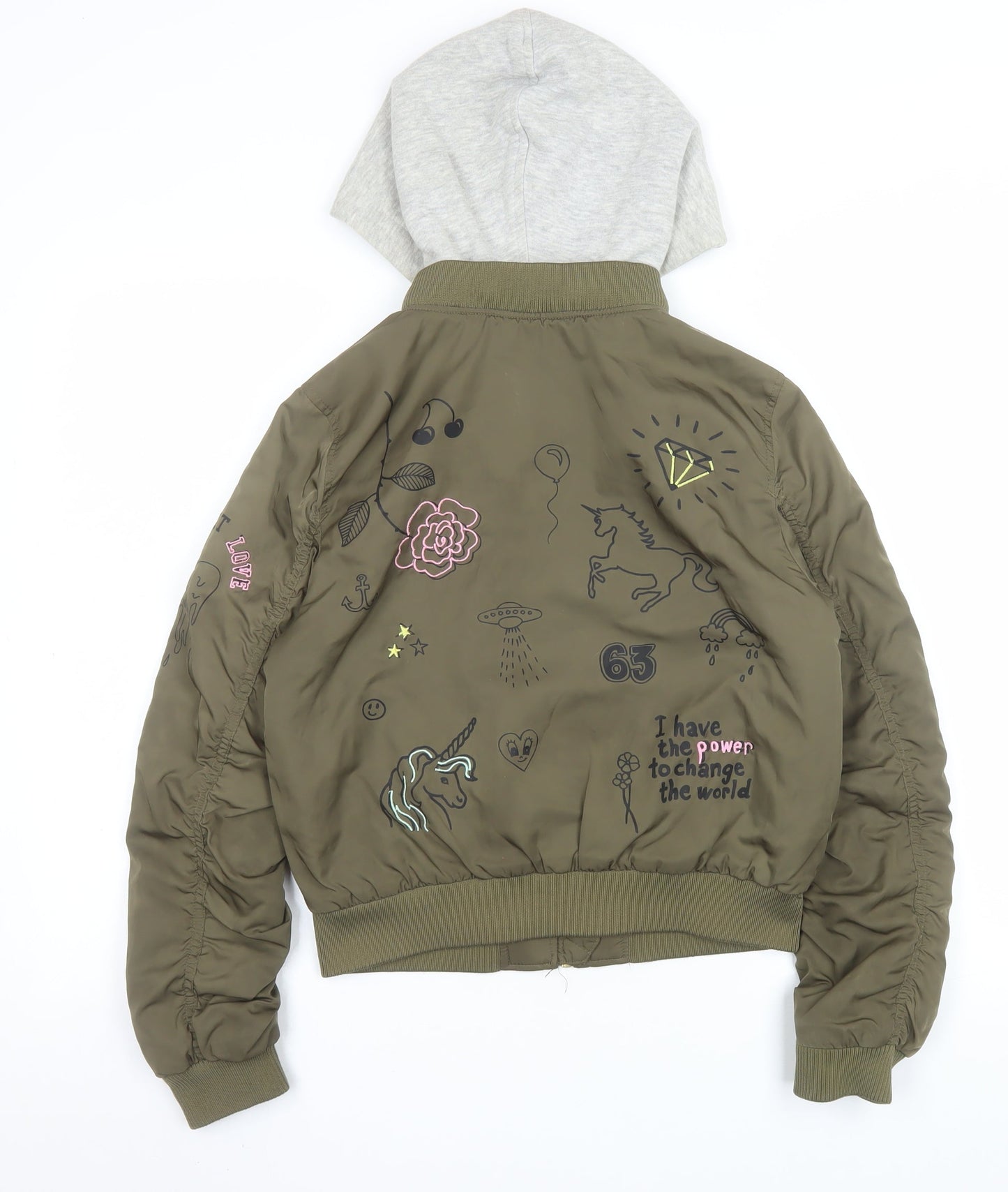 H&M Girls Green Hooded Bomber Jacket 11-12 Years Unicorn Embroidered