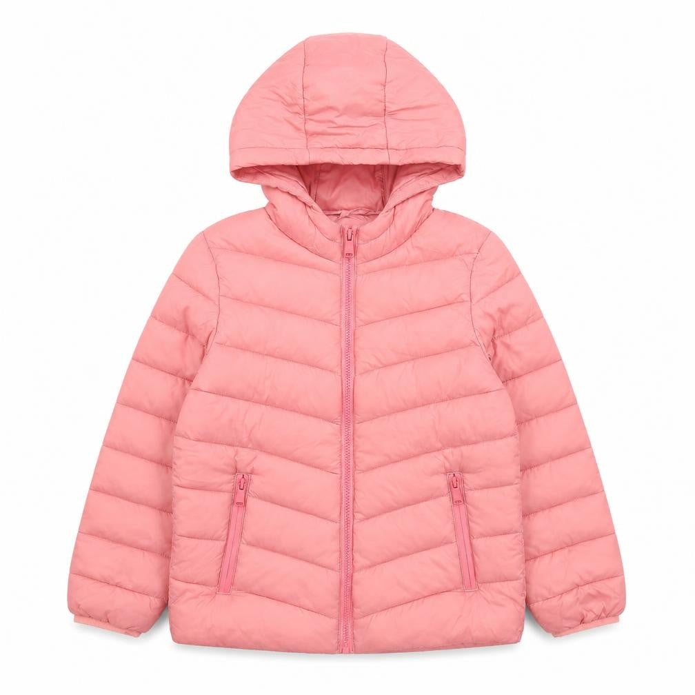 Front view of Marks & Spencer girls’ pink hooded puffer jacket 8-9 years lined water repellent